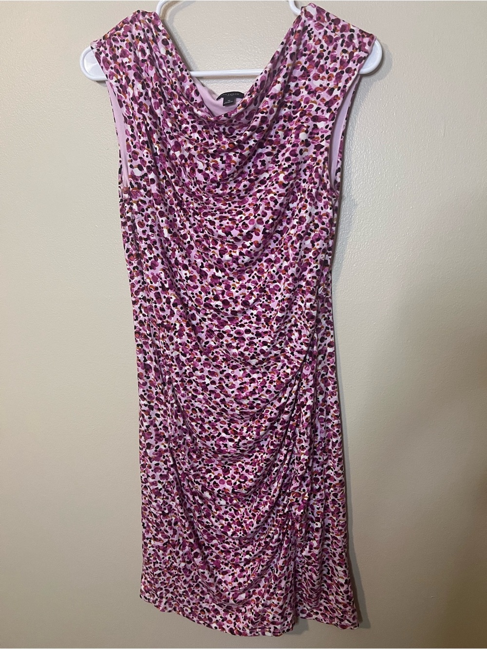 Ann Taylor Sleeveless Pink Floral Dress With Draped Neckline And Side Ruching